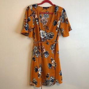 Gold and navy floral wrap dress. SZ M
